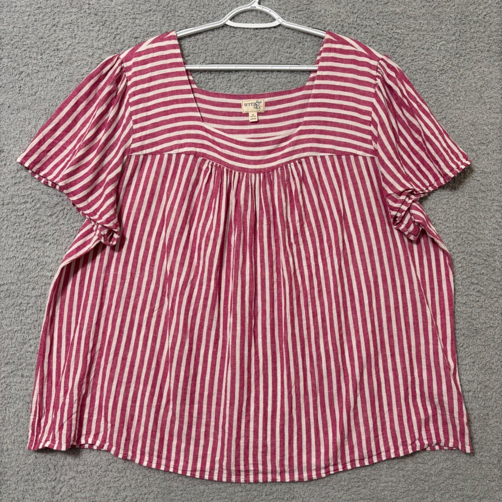 Pink Linen Blend Striped Blouse Square Neck Cottagecore Casual Summer Top 3X